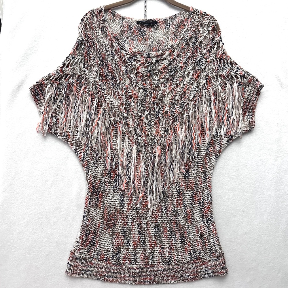 BCBGMAXAZRIA L Poncho Style Fringe Open Knit Dolman Short Sleeve Top Orange Boho